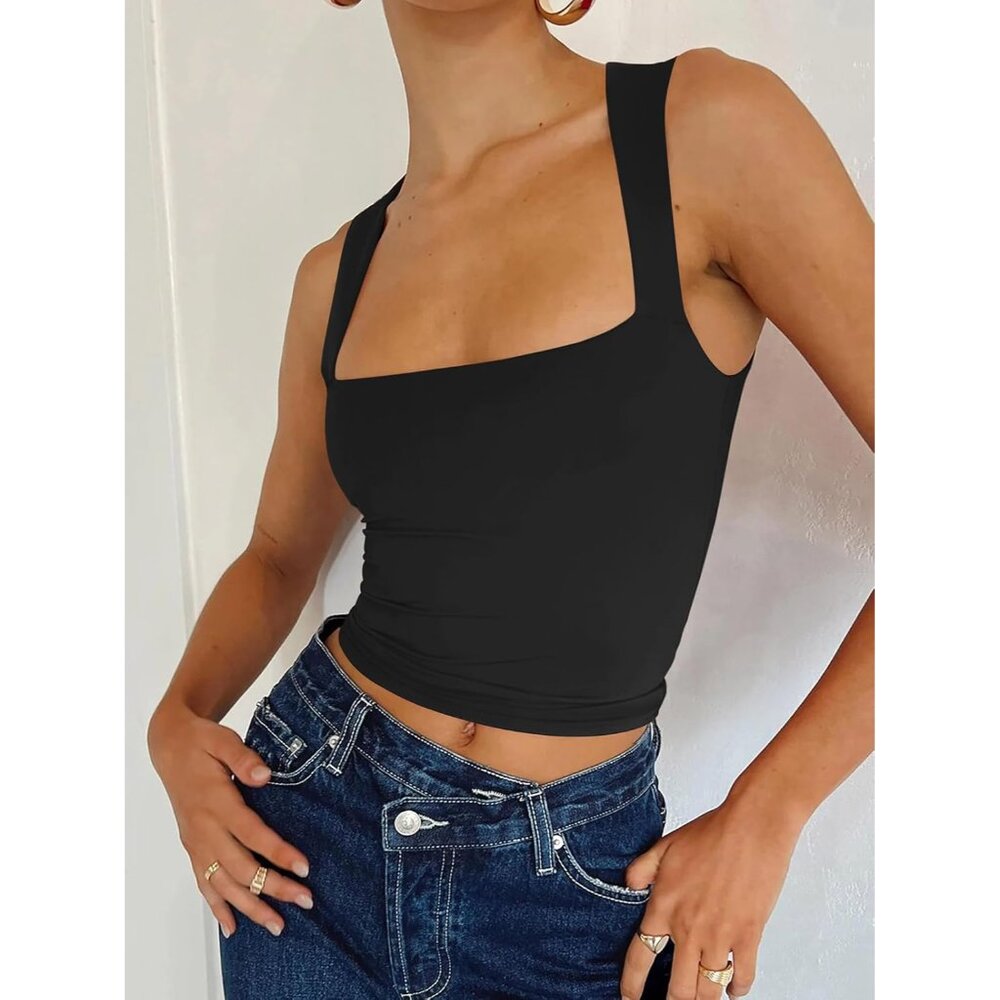 Butsmooth Women's Square Neck Going Out Crop Tops Double Lined Cute Basic Tank T - Picture 3 of 6